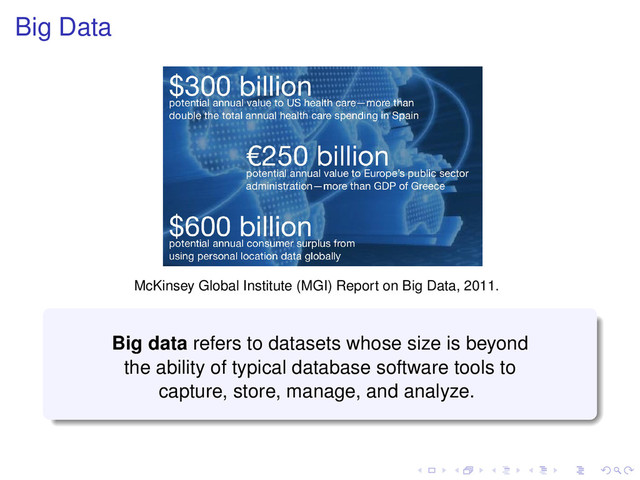 Big Data
McKinsey Global Institute (MGI) Report on Big Data, 2011.
Big data refers to datasets whose size is beyond
the ability of typical database software tools to
capture, store, manage, and analyze.
