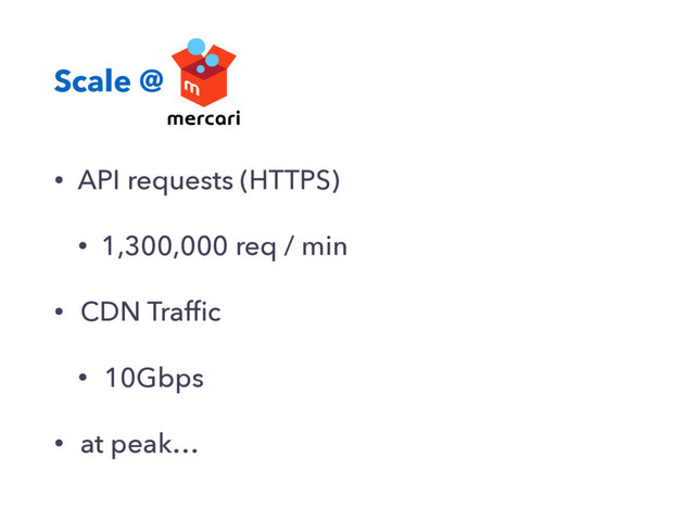 Scale @
• API requests (HTTPS)
• 1,300,000 req / min
• CDN Trafﬁc
• 10Gbps
• at peak…
