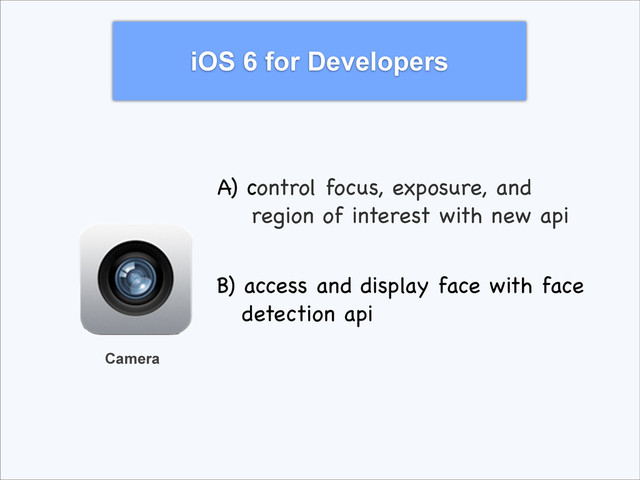 iOS 6 for Developers
Camera
A) control focus, exposure, and
region of interest with new api
B) access and display face with face
detection api
