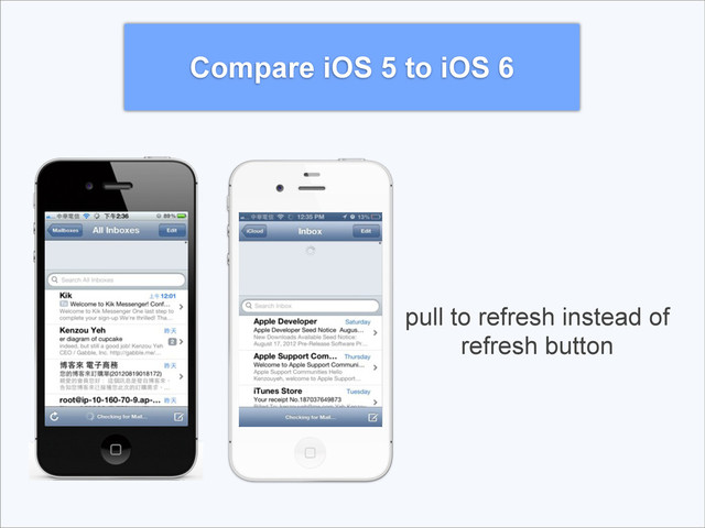 Compare iOS 5 to iOS 6
pull to refresh instead of
refresh button
