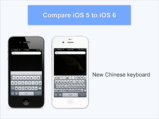 Compare iOS 5 to iOS 6
New Chinese keyboard
