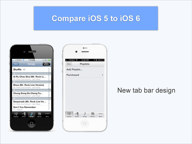 Compare iOS 5 to iOS 6
New tab bar design
