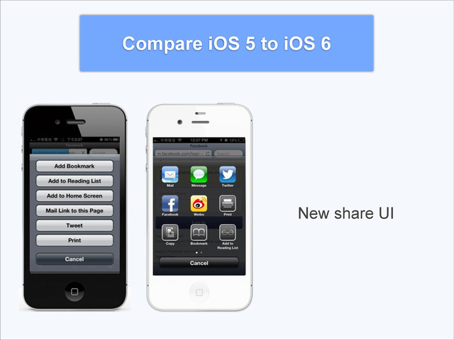 Compare iOS 5 to iOS 6
New share UI
