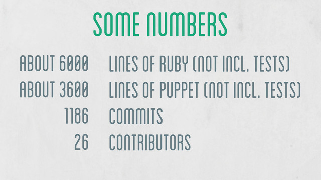 about 6000
about 3600
1186
26
lines of Ruby (not incl. tests)
lines of Puppet (not incl. tests)
commits
contributors
some numbers
