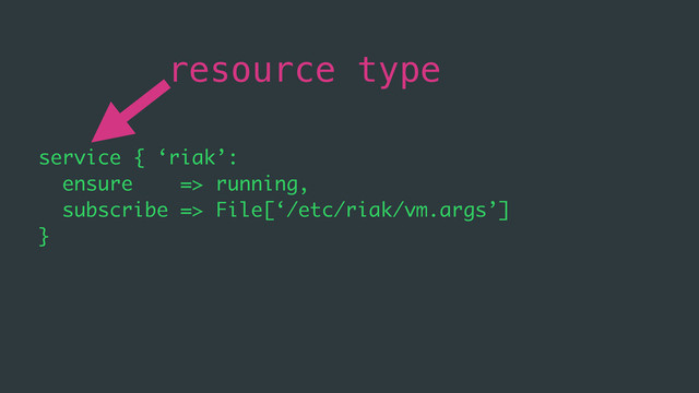 service { ‘riak’:
ensure => running,
subscribe => File[‘/etc/riak/vm.args’]
}
resource type
