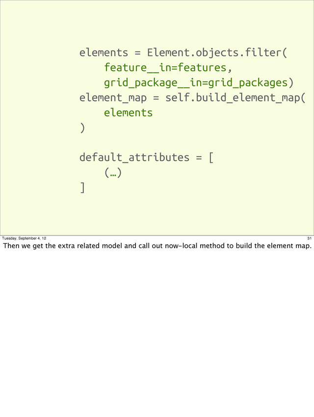 elements = Element.objects.filter(
feature__in=features,
grid_package__in=grid_packages)
element_map = self.build_element_map(
elements
)
default_attributes = [
(…)
]
31
Tuesday, September 4, 12
Then we get the extra related model and call out now-local method to build the element map.
