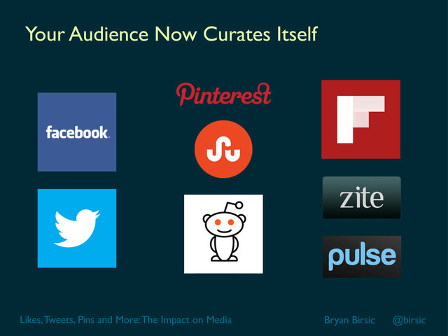 Likes, Tweets, Pins and More: The Impact on Media Bryan Birsic @birsic
Your Audience Now Curates Itself
