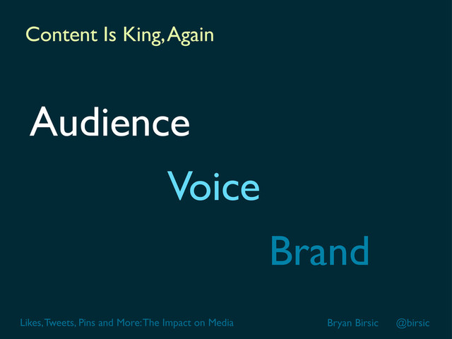 Likes, Tweets, Pins and More: The Impact on Media Bryan Birsic @birsic
Audience
Voice
Brand
Content Is King, Again
