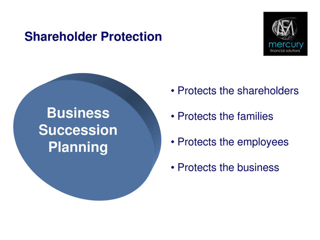 Business
Succession
Planning
Shareholder Protection
• Protects the shareholders
• Protects the families
• Protects the employees
• Protects the business
