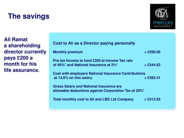The savings
Ali Ramat
a shareholding
director currently
pays £200 a
month for his
life assurance.
Cost to Ali as a Director paying personally
Monthly premium = £200.00
Pre-tax Income to fund £200 at Income Tax rate
of 40%* and National Insurance at 2%* = £344.83
Cost with employers National Insurance Contributions
at 13.8% on this salary = £392.41
Gross Salary and National Insurance are
allowable deductions against Corporation Tax at 20%*
Total monthly cost to Ali and LBD Ltd Company = £313.93
