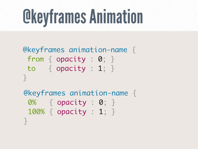@keyframes Animation
@keyframes animation-name {
from { opacity : 0; }
to { opacity : 1; }
}
@keyframes animation-name {
0% { opacity : 0; }
100% { opacity : 1; }
}
