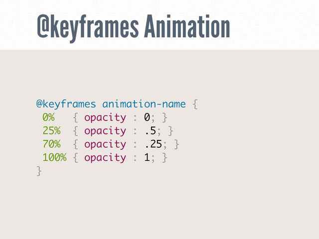 @keyframes Animation
@keyframes animation-name {
0% { opacity : 0; }
25% { opacity : .5; }
70% { opacity : .25; }
100% { opacity : 1; }
}
