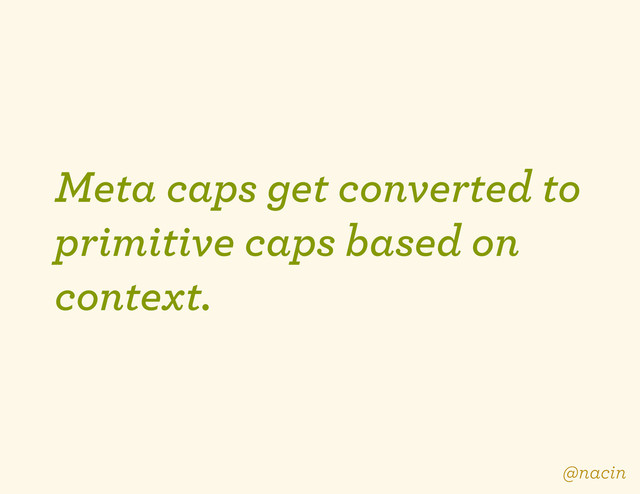 Meta caps get converted to
primitive caps based on
context.
@nacin

