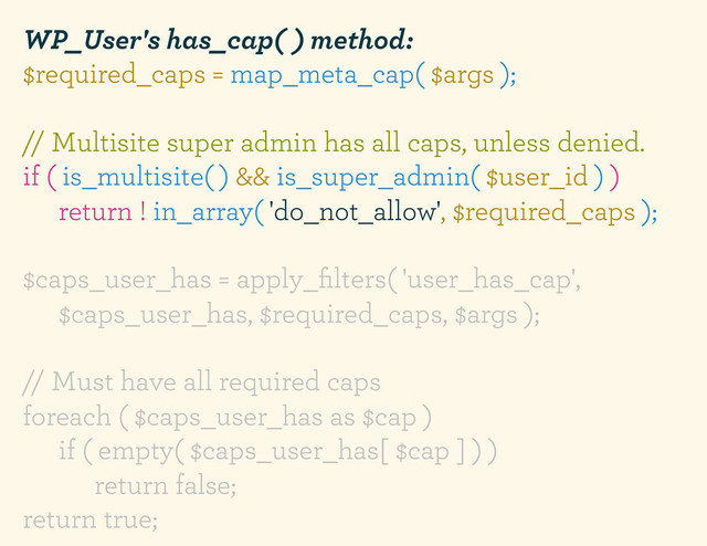 WP_User's has_cap( ) method:
$required_caps = map_meta_cap( $args );
// Multisite super admin has all caps, unless denied.
if ( is_multisite( ) && is_super_admin( $user_id ) )
return ! in_array( 'do_not_allow', $required_caps );
$caps_user_has = apply_ﬁlters( 'user_has_cap',
$caps_user_has, $required_caps, $args );
// Must have all required caps
foreach ( $caps_user_has as $cap )
if ( empty( $caps_user_has[ $cap ] ) )
return false;
return true;
