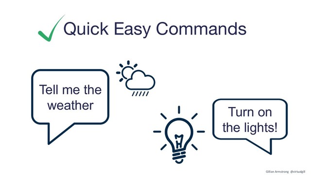 Quick Easy Commands
Tell me the
weather
Turn on
the lights!
Gillian Armstrong @virtualgill
