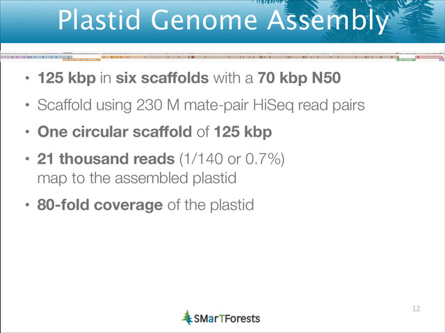Plastid Genome Assembly
• 125 kbp in six scaﬀolds with a 70 kbp N50
• Scaffold using 230 M mate-pair HiSeq read pairs
• One circular scaﬀold of 125 kbp
• 21 thousand reads (1/140 or 0.7%) 
map to the assembled plastid
• 80-fold coverage of the plastid
12
