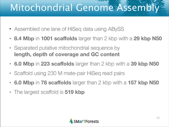 Mitochondrial Genome Assembly
• Assembled one lane of HiSeq data using ABySS
• 8.4 Mbp in 1001 scaﬀolds larger than 2 kbp with a 29 kbp N50
• Separated putative mitochondrial sequence by 
length, depth of coverage and GC content
• 6.0 Mbp in 223 scaﬀolds larger than 2 kbp with a 39 kbp N50
• Scaffold using 230 M mate-pair HiSeq read pairs
• 6.0 Mbp in 78 scaﬀolds larger than 2 kbp with a 157 kbp N50
• The largest scaffold is 519 kbp
16
