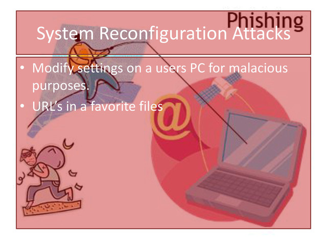 System Reconfiguration Attacks
• Modify settings on a users PC for malacious
purposes.
• URL’s in a favorite files
