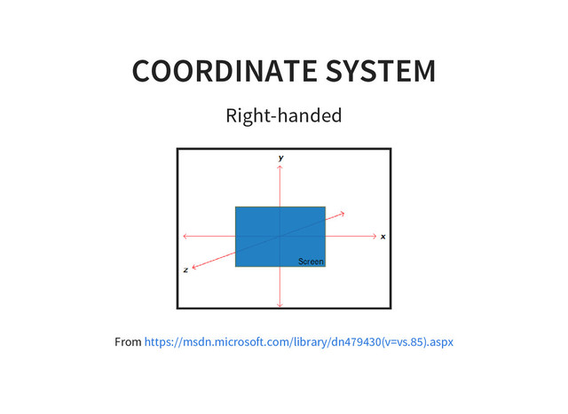 COORDINATE SYSTEM
Right-handed
From https://msdn.microsoft.com/library/dn479430(v=vs.85).aspx
