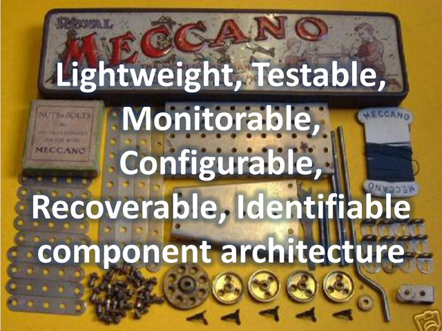 Lightweight, Testable,
Monitorable,
Configurable,
Recoverable, Identifiable
component architecture
