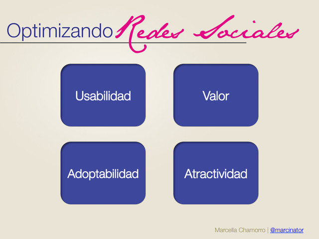 Marcella Chamorro | @marcinator
Usabilidad Valor
Adoptabilidad Atractividad
Optimizando
Redes Sociales
