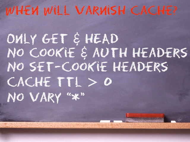 Only get & HEAD
No cookie & auth headers
No set-cookie headers
cache ttl > 0
No vary “*”
When will varnish cache?
