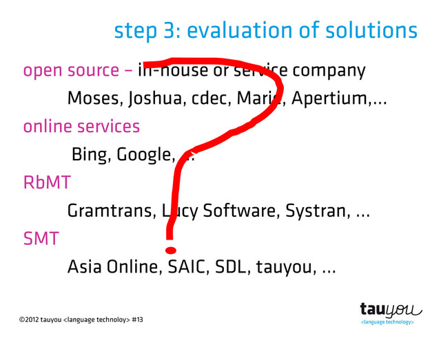 ©2012 tauyou  #13
step 3: evaluation of solutions
open source – in-house or service company
Moses, Joshua, cdec, Marie, Apertium,...
online services
Bing, Google, ...
RbMT
Gramtrans, Lucy Software, Systran, ...
SMT
Asia Online, SAIC, SDL, tauyou, ...
