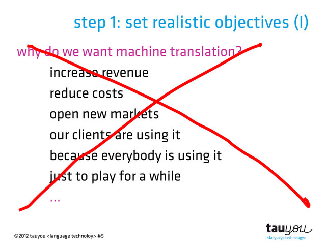 ©2012 tauyou  #5
why do we want machine translation?
increase revenue
reduce costs
open new markets
our clients are using it
because everybody is using it
just to play for a while
...
step 1: set realistic objectives (I)
