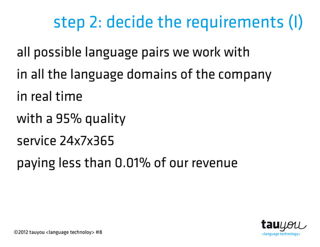©2012 tauyou  #8
step 2: decide the requirements (I)
all possible language pairs we work with
in all the language domains of the company
in real time
with a 95% quality
service 24x7x365
paying less than 0.01% of our revenue
