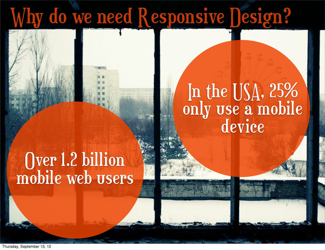 Why do we need Responsive Design?
Over 1.2 billion
mobile web users
In the USA, 25%
only use a mobile
device
Thursday, September 13, 12
