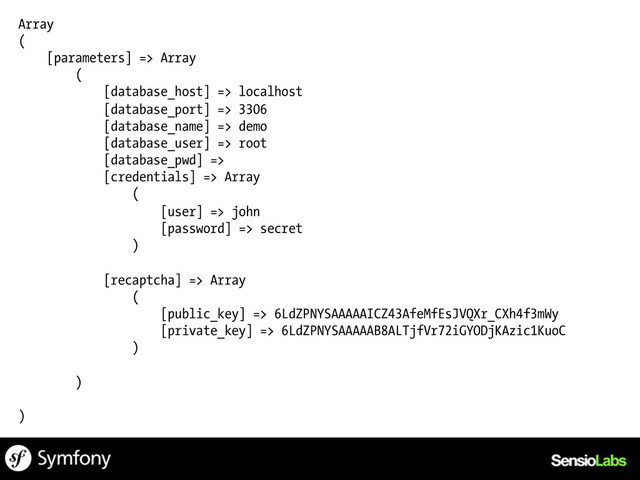 Array
(
[parameters] => Array
(
[database_host] => localhost
[database_port] => 3306
[database_name] => demo
[database_user] => root
[database_pwd] =>
[credentials] => Array
(
[user] => john
[password] => secret
)
[recaptcha] => Array
(
[public_key] => 6LdZPNYSAAAAAICZ43AfeMfEsJVQXr_CXh4f3mWy
[private_key] => 6LdZPNYSAAAAAB8ALTjfVr72iGYODjKAzic1KuoC
)
)
)
