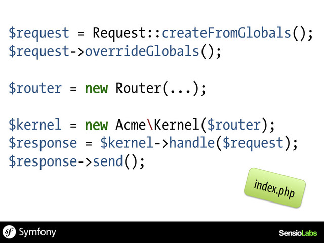 $request = Request::createFromGlobals();
$request->overrideGlobals();
$router = new Router(...);
$kernel = new Acme\Kernel($router);
$response = $kernel->handle($request);
$response->send();
index.php
