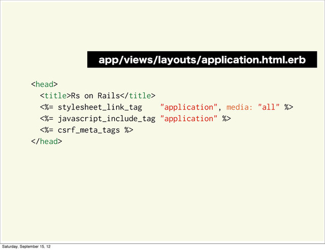 
Rs on Rails
<%= stylesheet_link_tag "application", media: "all" %>
<%= javascript_include_tag "application" %>
<%= csrf_meta_tags %>

BQQWJFXTMBZPVUTBQQMJDBUJPOIUNMFSC
Saturday, September 15, 12
