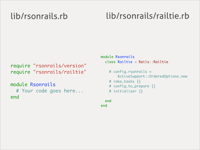 module Rsonrails
class Railtie < Rails::Railtie
# config.rsonrails =
ActiveSupport::OrderedOptions.new
# rake_tasks {}
# config.to_prepare {}
# initializer {}
end
end
require "rsonrails/version"
require "rsonrails/railtie"
module Rsonrails
# Your code goes here...
end
lib/rsonrails/railtie.rb
lib/rsonrails.rb
