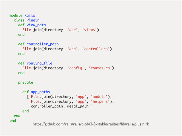 module Rails
class Plugin
def view_path
File.join(directory, 'app', 'views')
end
def controller_path
File.join(directory, 'app', 'controllers')
end
def routing_file
File.join(directory, 'config', 'routes.rb')
end
private
def app_paths
[ File.join(directory, 'app', 'models'),
File.join(directory, 'app', 'helpers'),
controller_path, metal_path ]
end
end
end
https://github.com/rails/rails/blob/2-3-stable/railties/lib/rails/plugin.rb

