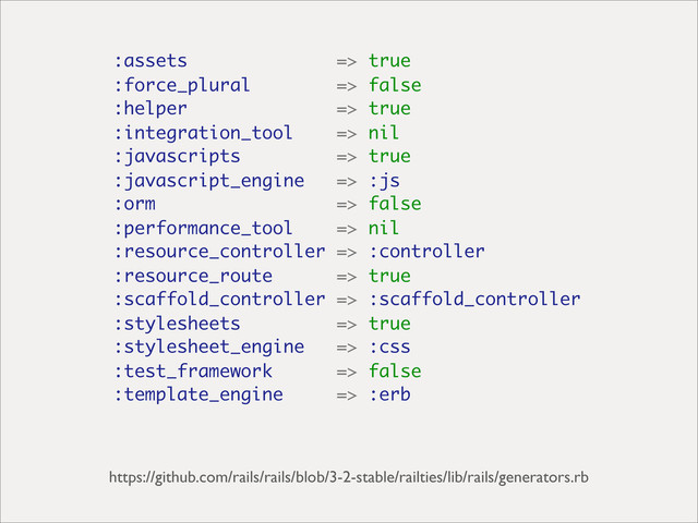 :assets => true
:force_plural => false
:helper => true
:integration_tool => nil
:javascripts => true
:javascript_engine => :js
:orm => false
:performance_tool => nil
:resource_controller => :controller
:resource_route => true
:scaffold_controller => :scaffold_controller
:stylesheets => true
:stylesheet_engine => :css
:test_framework => false
:template_engine => :erb
https://github.com/rails/rails/blob/3-2-stable/railties/lib/rails/generators.rb
