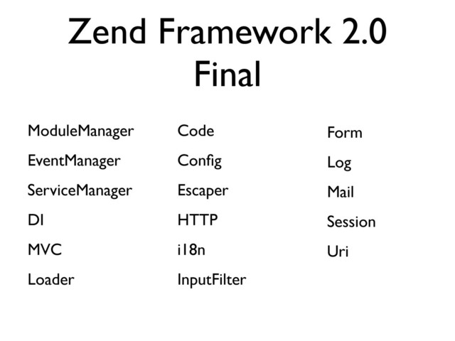 Zend Framework 2.0
Final
ModuleManager
EventManager
ServiceManager
DI
MVC
Loader
Code
Conﬁg
Escaper
HTTP
i18n
InputFilter
Form
Log
Mail
Session
Uri
