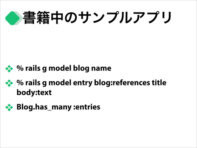 % rails g model blog name
% rails g model entry blog:references title
body:text
Blog.has_many :entries
ॻ੶தͷαϯϓϧΞϓϦ
