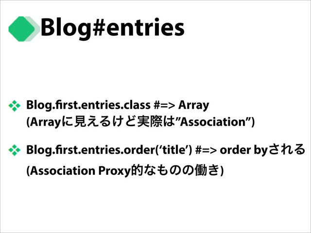 Blog. rst.entries.class #=> Array
(Arrayʹݟ͑Δ͚Ͳ࣮ࡍ͸”Association”)
Blog. rst.entries.order(‘title’) #=> order by͞ΕΔ
(Association Proxyతͳ΋ͷͷಇ͖)
Blog#entries
