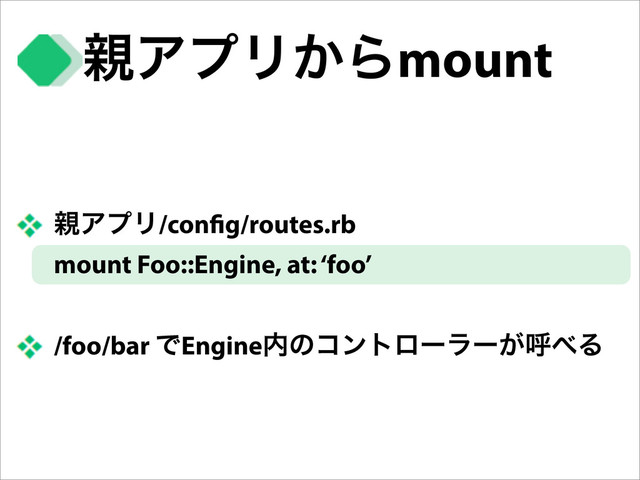 ਌ΞϓϦ͔Βmount
਌ΞϓϦ/con g/routes.rb
mount Foo::Engine, at: ‘foo’
/foo/bar ͰEngine಺ͷίϯτϩʔϥʔ͕ݺ΂Δ
