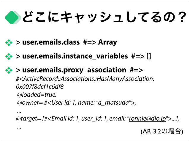 Ͳ͜ʹΩϟογϡͯ͠Δͷʁ
> user.emails.class #=> Array
> user.emails.instance_variables #=> []
> user.emails.proxy_association #=>
#,
...
@target= [#...],
...
(AR 3.2ͷ৔߹)
