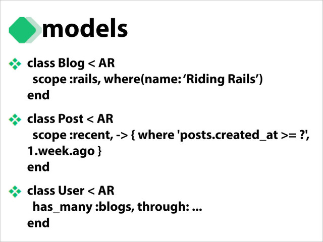 class Blog < AR
scope :rails, where(name: ‘Riding Rails’)
end
class Post < AR
scope :recent, -> { where 'posts.created_at >= ?',
1.week.ago }
end
class User < AR
has_many :blogs, through: ...
end
models
