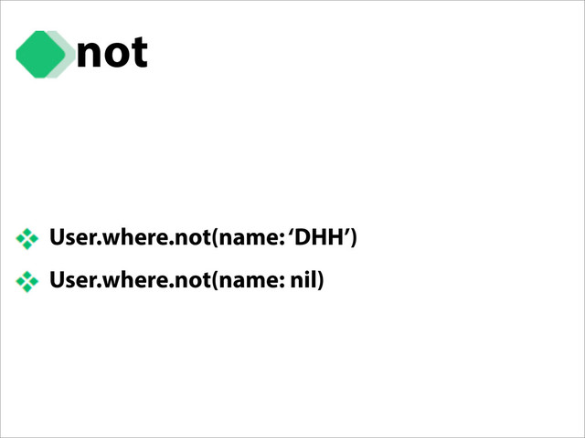 not
User.where.not(name: ‘DHH’)
User.where.not(name: nil)

