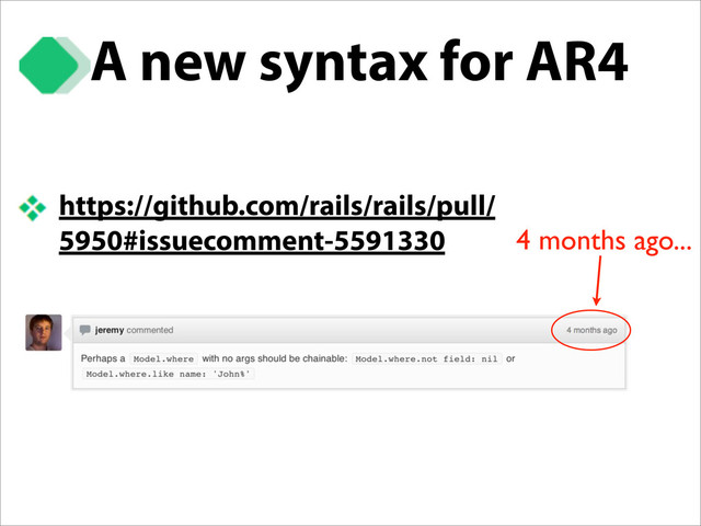 A new syntax for AR4
https://github.com/rails/rails/pull/
5950#issuecomment-5591330 4 months ago...
