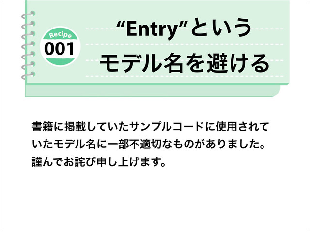 “Entry”ͱ͍͏
Ϟσϧ໊Λආ͚Δ
ॻ੶ʹܝࡌ͍ͯͨ͠αϯϓϧίʔυʹ࢖༻͞Εͯ
͍ͨϞσϧ໊ʹҰ෦ෆద੾ͳ΋ͷ͕͋Γ·ͨ͠ɻ
ۘΜͰ͓࿳ͼਃ্͛͠·͢ɻ
001
