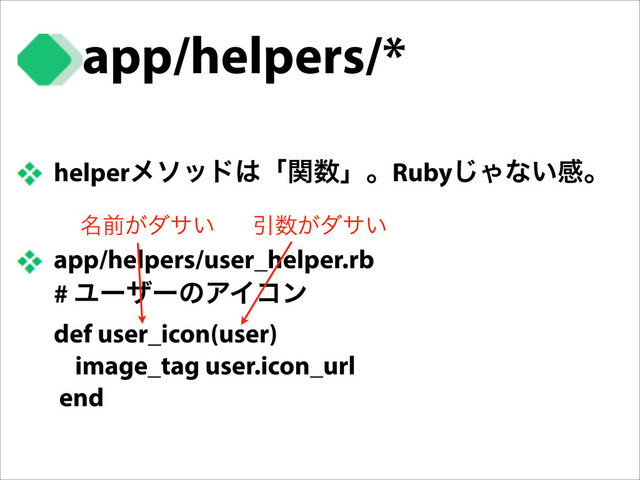 app/helpers/*
helperϝιου͸ʮؔ਺ʯɻRuby͡Όͳ͍ײɻ
app/helpers/user_helper.rb
# ϢʔβʔͷΞΠίϯ
def user_icon(user)
image_tag user.icon_url
end
໊લ͕μα͍ Ҿ਺͕μα͍
