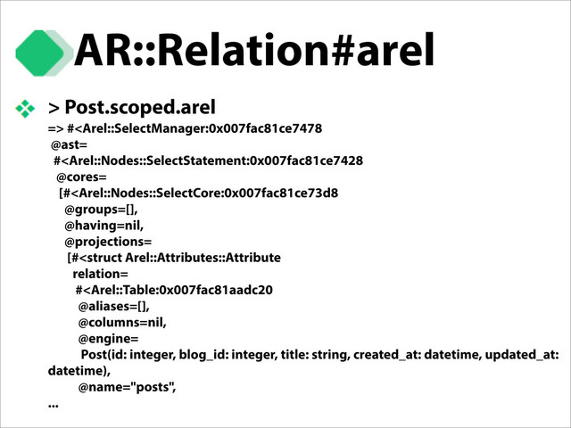AR::Relation#arel
> Post.scoped.arel
=> #