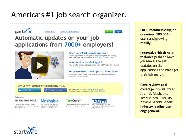 America’s	  #1	  job	  search	  organizer.	  
2	  
FREE,	  members	  only	  job	  
organizer.	  500,000+	  
users	  and	  growing	  
rapidly.	  	  
	  
Innova;ve	  ‘black	  hole’	  
technology	  that	  allows	  
job	  seekers	  to	  get	  
updates	  on	  their	  
applica>ons	  and	  manager	  
their	  job	  search.	  
	  
Rave	  reviews	  and	  
coverage	  in	  Wall	  Street	  
Journal,	  Mashable,	  
TechCrunch,	  CNN,	  US	  
News	  &	  World	  Report.	  
Industry	  leading	  user	  
engagement.	  
	  
