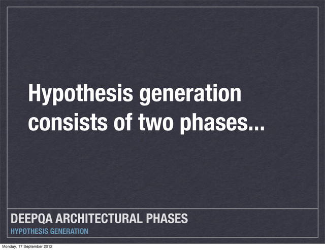 DEEPQA ARCHITECTURAL PHASES
HYPOTHESIS GENERATION
Hypothesis generation
consists of two phases...
Monday, 17 September 2012
