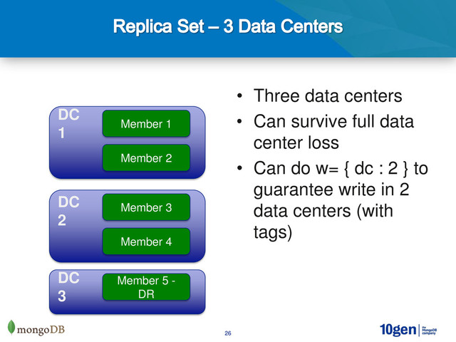 26
• Three data centers
• Can survive full data
center loss
• Can do w= { dc : 2 } to
guarantee write in 2
data centers (with
tags)
Member 1
Member 2
Member 3
Member 4
DC
2
Member 5 -
DR
DC
1
DC
3

